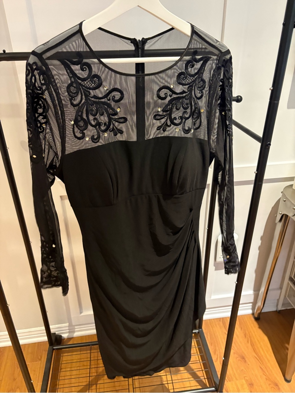 Black Long-Sleeve Mesh-Detail Mini Dress